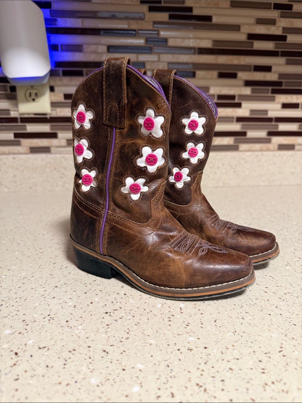 Dan Post Brown Leather Kids' Western Boots with Pink & White Flower Accents
